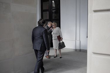 The head of the Supreme Court Malgorzata Gersdorf speaks to colleagues as she leaves the Court building.  Gersdorf (65) is opposing a law, passed in January 2018 by the ruling Law and Justice Party (P...