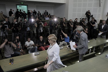 The head of the Supreme Court Malgorzata Gersdorf attends a press conference during protests against an unconstitutional reform carried through parliament by the ruling Law and Justice party (PiS), ai...