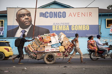 A billboard displays the image of Jean Pierre Bemba at the offices of opposition party MLC. Recently acquitted by the ICC in The Hague of crimes against humanity Bemba wants to return to Congo and par...