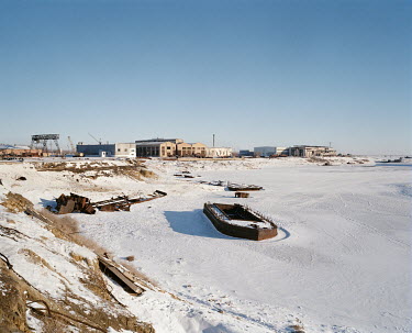 Rusting hulks of ships in what once formed the Aralsk port that served ships on the Aral Sea, now more than 100 kms away.