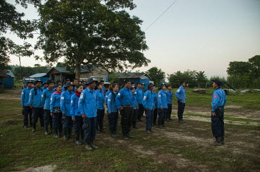 Morning parade/head count with the HALO Trust teams at the camp beside the Chomka Chek minefield, part of the K-5 barrier minefield on the Tha-Cambodian border.