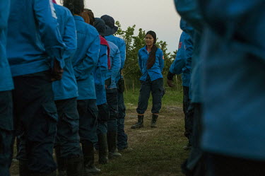 Morning parade with Srey Yen and the HALO Trust teams at a camp beside the Chomka Chek minefield, part of the K-5 barrier minefield on the Thai-Cambodian border.
