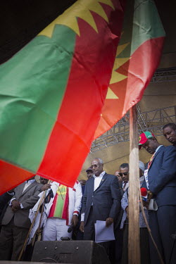 Dawud Ibsa (Firew Ibsa), Chairman of the Oromo Liberation Front (OLF), addresses a huge crowd of Oromo people, many holding the flag of the Oromo Liberation Front (OLF), gathered in Mesquel Square to...
