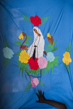 The Milaya (a traditional hand-decorated bedsheet) made by Awate Rose from Yei in South Sudan which has been used to decorate the Siona Church in Bidibidi Zone 2.