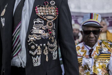 Performers dressed as military officers, a popular feature of some Comorian events, attend the 'Madjiliss' ceremony on the first Saturday of a traditional two week wedding.