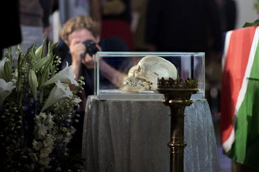 Skulls displayed in transparent cases during a joint German and Namibian church and state ceremony at the Franzoesische Friedrichstadtkirche. A Namibian delegation will receive the remains of Herero a...