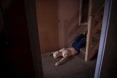 A medical mannequin lies at the bottom of a flight of stairs at The hazardous area response team (HART) at the Training and Resource Department for Yorkshire NHS Ambulance Service. HART is an NHS ambu...