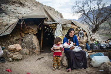 Bibi Tala brestfeeding her baby at a Bakhtiari nomad winter camp near Kohne ab, Arpanah. When she married she became part of her husband's family who have been coming to the same site, built on a rock...