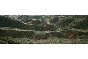 Young trees grow on the hillside. The dirt tracks are routes made by workers driving their tractors to tree planting sites on the hill sides. Desertification poses major environmental and ecological t...