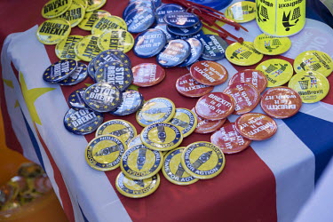 Anti-Brextix badges during a rally demanding a further, so-called 'people's vote', referendum to decide Great Britain's position vis-a-vis the EU.