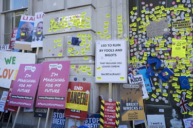 Anti-Brexit stickers and placards during a rally demanding a further, so-called 'people's vote', referendum to decide Great Britain's position vis-a-vis the EU.