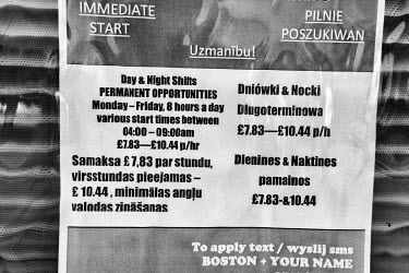 Job vacancy ads displayed in a window of a recruitment firm in English, Lithuanian and Polish offering day and night shifts with rates between Â�7.83 - Â�10.44 per hour in Boston. The lower figure i...