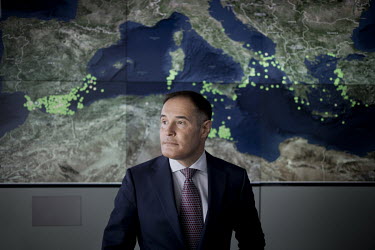 Director of Frontex Fabrice Leggeri in the operations room at the agency's headquarters. Staff here receive data about possible breaches of the EU border, mostly boats crossing the Mediterranean Sea.