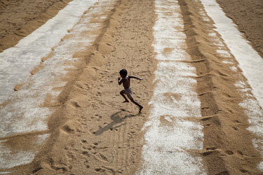 A child leaps over grains of drying rice at a rice mill.