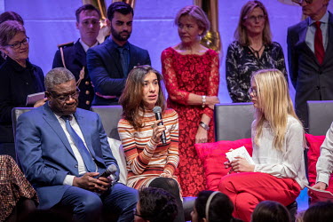 Dr Denis Mukwege (left with microphone) and Nadia Murad, the 2018 Nobel Peace Prize laureates take part in Save the Children's Peace Prize party. Dr Mukwege and Nadia Murad were awarded the prize for...