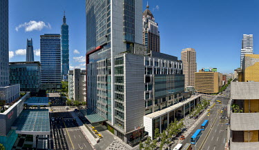 A panoramic composite of the central Xinyi District, with the W Hotel in centre, and Taipei101 Tower in background.