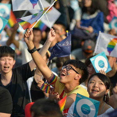 Participants in the 'Go Home Vote for Love' event in support of marriage equality for gay people, held near the Presidential Office. Taiwan is seen as one of the more liberal countries in Asia when it...