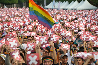 Participants in the 'Go Home Vote for Love' event in support of marriage equality for gay people, held near the Presidential Office. Taiwan is seen as one of the more liberal countries in Asia when it...