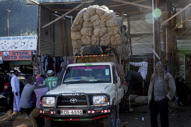 A vehicle loaded with sacks of khat is prepared for the drive to market.