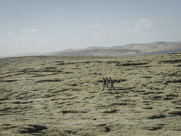 Tibetans walking across the grasslands between Gangagenacuo Lake and Rigecuo Lake. The ground here shows visible cracks, with sections of the frozen ground having melted and previously collapsed. This...