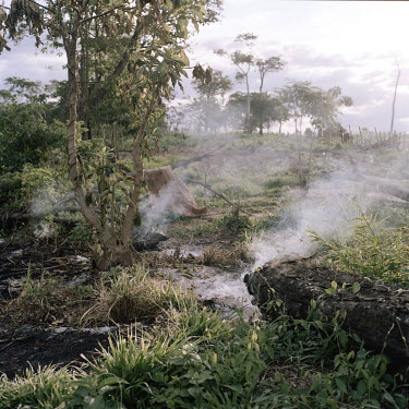 Smoldering remains of the Guayaqui Cua peasant community following their eviction two days earlier by security men from a nearby cattle-ranch, who together with local police officers, acted on behalf...
