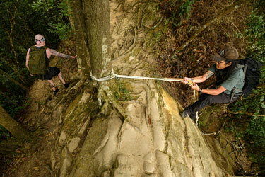 Hikers using ropes to ascend a particularly steep section of the Wuliaojian Mountain hiking trail.