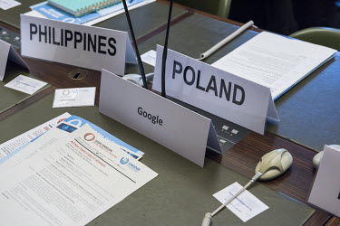 Place name signs at a public meeting of the Global Commission on the Stability of Cyberspace (GCSC), bringing together state and non-state actors under the lead of the UNIDIR (UN Institute of Disarmam...