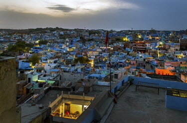The blue houses of the district of Navchokya beyond the ramparts of Mehrangarh Fort.