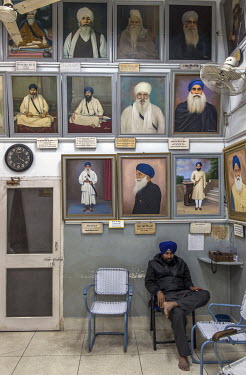 A man sits below portraits of Sikh Gurus at the Harmandir Sahib (Darbar Sahib) or the 'Golden Temple', is the holiest Sikh gurdwara.