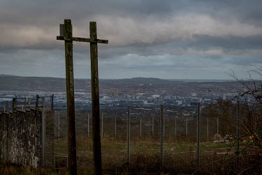 A view of Belfast from the Black Mountain which overlooks the city. In the foreground is an abandoned British Army base.