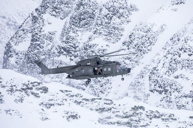 A British Merlin helicopter during exercise Clockwork in the Arctic.  845 Naval Air Squadron is a squadron of the Royal Navy's Fleet Air Arm. Part of the Commando Helicopter Force, it is a specialis...