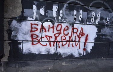 Graffiti reads: 'Bandera get up'. Stepan Andriyovych Bandera was a controversial Ukrainian nationalist who declared an independent Ukraine during WWII and led the Ukrainian Insurgent Army (UPA), a nat...