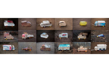 A collage of toy cars made out of various materials by children living in the Bidibidi refugee settlement in Uganda.