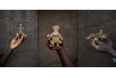 A triptych from Bidibidi refugee settlement. Left: Emmanuel Doku, 11 years old, is holding up a doll made out of clay in Bidibidi Refugee Settlement. Middle: A clay figure of a woman made by Susan Jam...