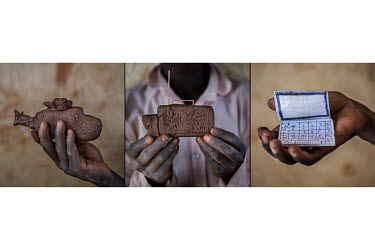A triptych from Bidibidi refugee settlement. Left: A toy helicopter made of clay by Maita Alafi (6) a refugee from South Sudan living in the Bidibidi refugee settlement. Middle: 9 year old Ronald Juma...