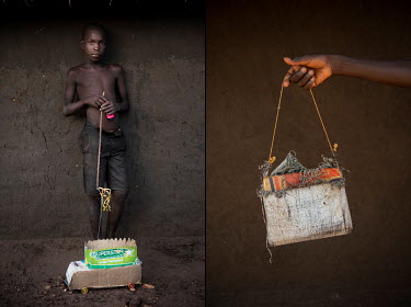 A diptych from Bidibidi refugee settlement. Left: Martin Salah (11), a refugee boy living in the Bidibidi camp, with his toy vehicle he made out of cardboard boxes.Right: Alex Lomore, a refugee boy li...