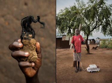 A diptych from Bidibidi refugee settlement. Left: A clay doll figure, with hair made from a woman's braided extentions, made by Simon Ayole (13), a refugee boy living in the Bidibidi camp. Right: Jame...