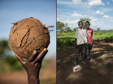 A diptych from Bidibidi refugee settlement. Left: A football (soccer) ball made of wrapped scraps of fabric. Right: Baracka Chandija (9) and Amos Baity (10), refugee boys living in the Bidibidi camp,...