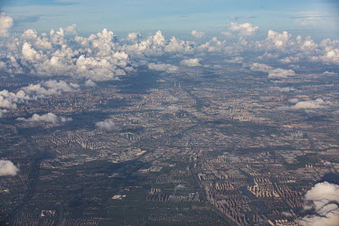 An aerial view of the city of Shanghai from an airplane shortly after it took off from Shanghai Hongqiao Airport.