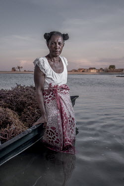 Nelfine Omega (54) with a haul of harvested seaweed in Tampolove village. Sea-weed farming is one of the main sources of income for the village, and has provided Omega with a more stable and sustainab...