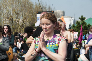 A yoga class is held on Waterloo Bridge during the Extinction Rebellion protest.