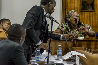 At the Buganda Road Chief Magistrate's court on 13 May 2019, Dr Stella Nyanzi makes an outburst from the dock in response to what she perceived as the prosecution's lack of literary comprehension in r...