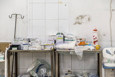 Medicine and equipment in the decrepit Tudmur hospital, the only functioning hospital in the region.