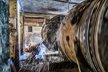 A tanner picks up leather skins from the drums in which they have been washed at the Chouwara Tannery. This is the largest and busiest of the four traditional tanneries still operating in the medina.