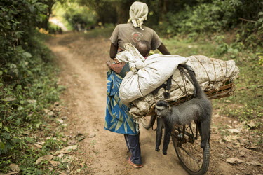 A woman and her child, sitting on a bicycle, head home, a journey of around 80 km, after travelling into the forest to buy a monkey that she will sell for a profit in her home town of Aketi.