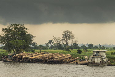 A barge carrying a load of lumber sits stranded on the river bank after its engine failed. It will now sit in the shallows of the Congo River until a engineer can come to make repairs.