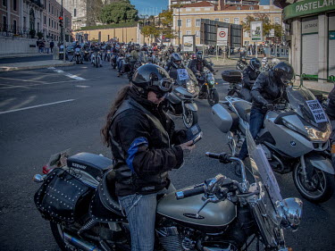 A protest by around 1,000 motorbike owners converge on Largo do Rato as they head towards the parliament building to protest against the government plans to introduce mandatory inspection. Inumerous b...