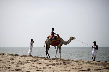 A Rashaida bedouin youth with camel takes a photo of an Eritrean youth who lives overseas and is visiting the Gurgusum Beach Resort Hotel as a tourist.