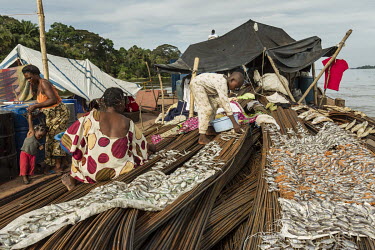 Passengers travelling on a Congo River barge dry fish they bought on the journey. They will sell the fish, making a profit, once they arrive at their destination.