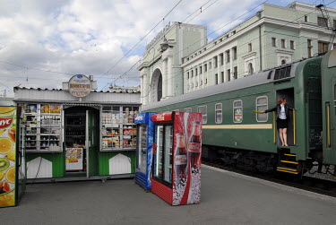 A train leaves Novosibirsk train station.